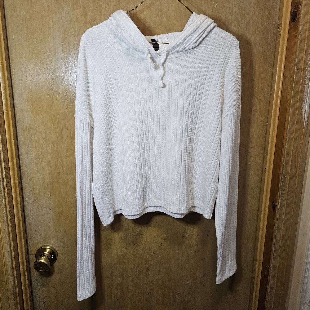 White Knit Cropped Hoodie – Lightweight Casual Pullover Women’s Large (Alya)